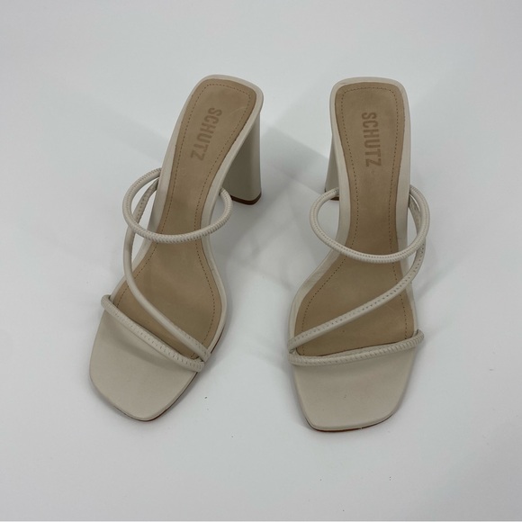 SCHUTZ Chessie Leather Asymmetrical Strap High Heel Sandals in Pearl - Picture 4 of 13